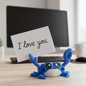 Puede incluir: Una figura de cangrejo azul sosteniendo una tarjeta blanca con la frase manuscrita "I love you". El cangrejo tiene ojos grandes y expresivos y un vientre blanco. El fondo incluye un monitor de computadora, un teclado y una pequeña planta.
