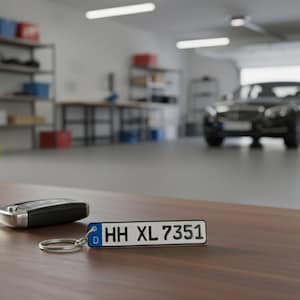 May include: A car key and a license plate keyring with the text "HH XL 7351" are on a wooden surface. A black car is in the background, inside a garage. The keyring has a blue border and a silver key ring.