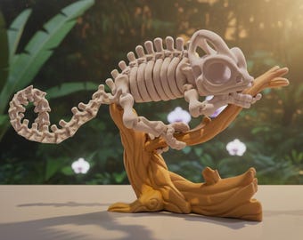 Skeleton Chameleon Figurine, unique reptile decor statue for shelf or desk, modern design accent