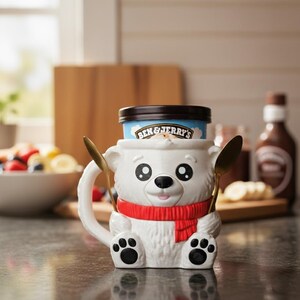 Peut inclure: Une tasse en céramique blanche en forme d'ours polaire avec une écharpe rouge, contenant un pot de glace. La tasse a une anse et deux cuillères dorées. Le pot de glace porte l'inscription "Ben & Jerry's".