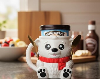 Polar Bear Pint Holder for ice cream, cute winter gift, cozy dessert accessory with hidden treat drawer