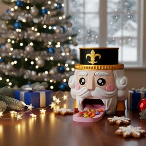Puede incluir: Un dispensador de caramelos con forma de cascanueces con sombrero negro y detalles dorados, que dispensa caramelos de colores. El dispensador está sobre una superficie de madera con galletas de copos de nieve y un árbol de Navidad al fondo. Regalos y luces añaden a la escena festiva.