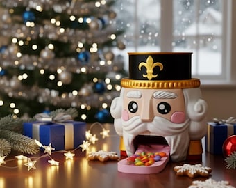 Nutcracker Candy Dispenser, festive holiday centerpiece with push-to-dispense feature, interactive candy holde