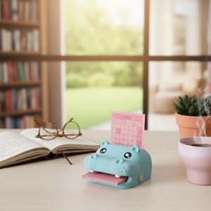 Può includere: Un organizer da scrivania a forma di ippopotamo azzurro con un blocco note rosa e un calendario rosa. L'organizer ha occhi neri e piccole orecchie. Una tazza di caffè e una pianta in vaso sono anche sulla scrivania.
