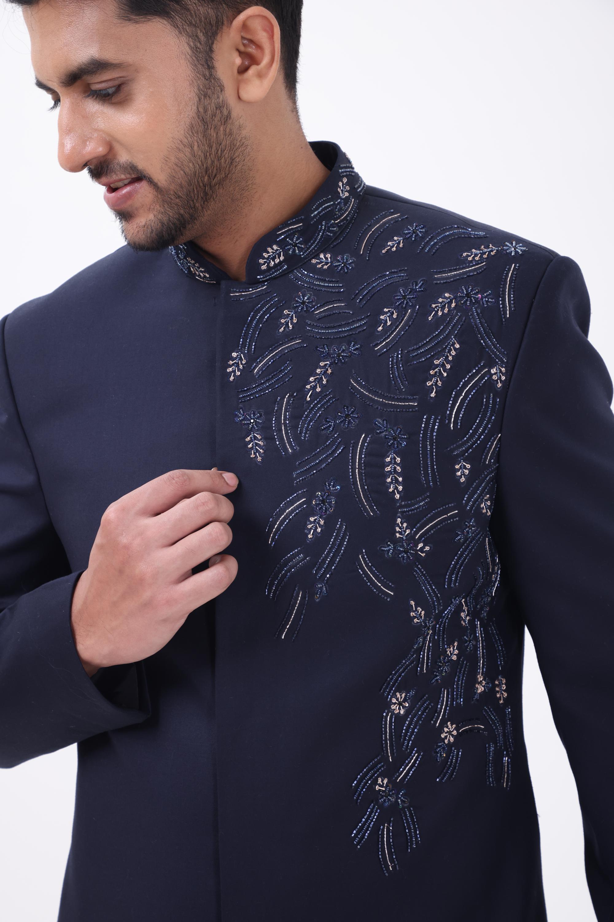 Navy Blue Indo Western Sherwani for Men | Embroidered Groom Outfit by The Royal Ethnix