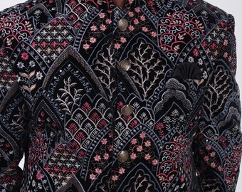 Black Velvet Indo Western Sherwani for Men – Embroidered Designer Groom Outfit by The Royal Ethnix