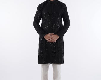 Dapper Men&#39;s Black Sequin Kurta | Festive Elegance by The Royal Ethnix