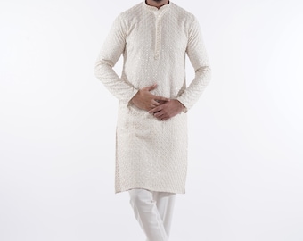 Ivory Cream Embroidered Kurta for Men | Wedding & Festive Kurta by The Royal Ethnix