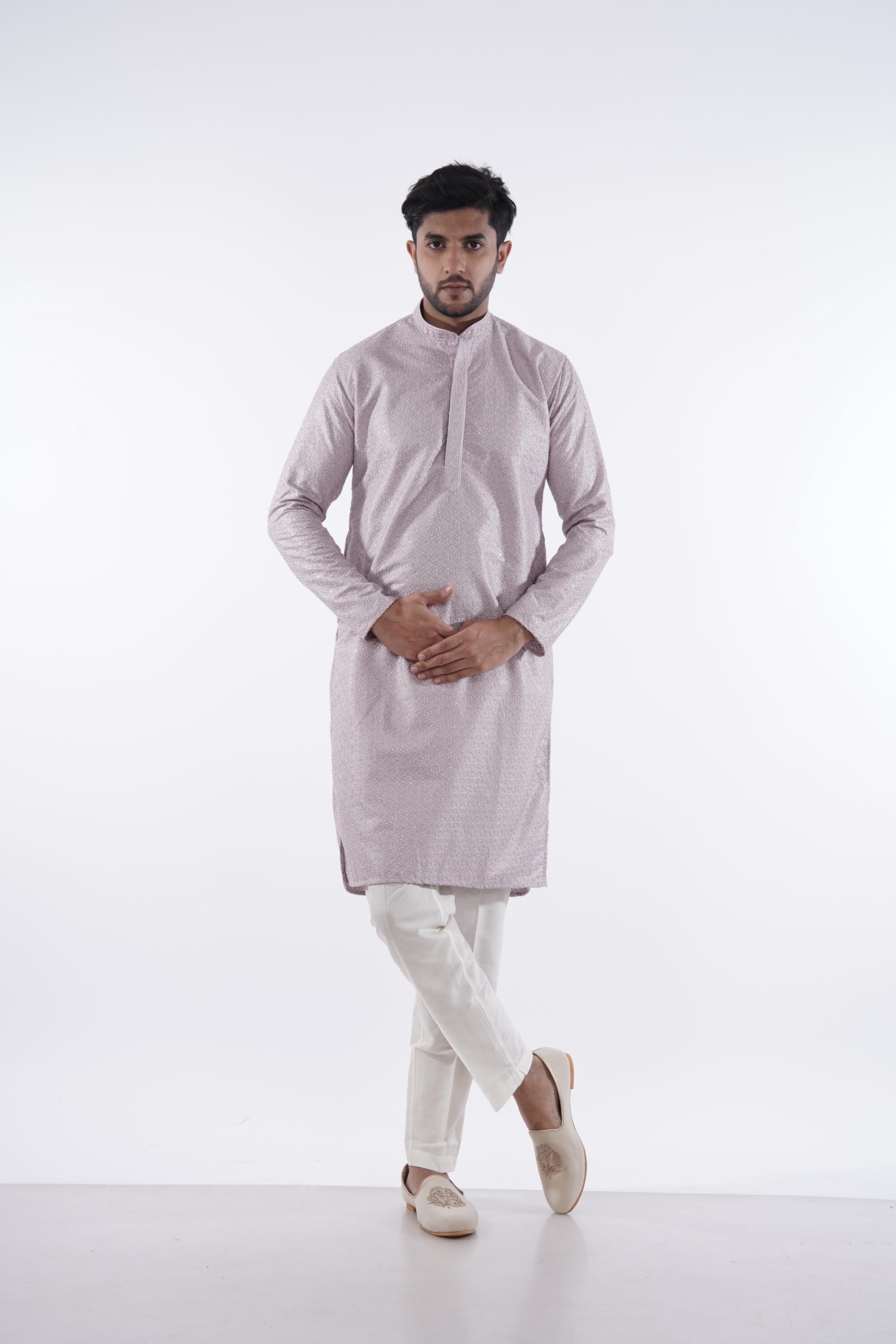 Pastel Pink Textured Kurta for Men by The Royal Ethnix