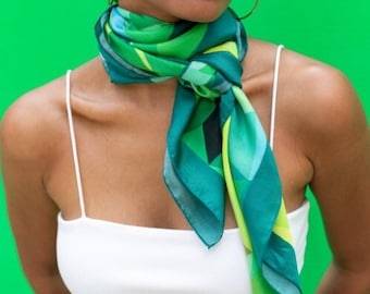 Silk Scarf for Women, Silk Hair Scarf, 39x39 inch large size - Green Kaleidoscope