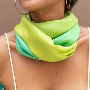 Silk Scarf for Women, Silk Hair Scarf, 39x39 inch large size - Green Sunrise