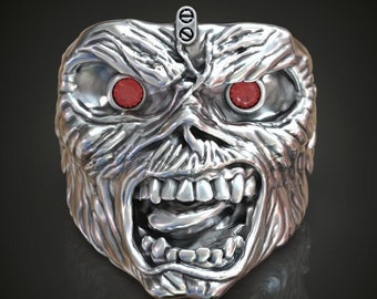 Iron Maiden Siegelring Silber Iron Maiden Edelsteine Augen Ring Unisex Gothic Ring Fantasy Ring für Männer Handgemachter Ring Halloween Geschenk