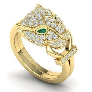 14KT Gold Plated Panther Ring Leopard Ring Green Eye Panther Ring Jaguar Ring Unique Statement Ring Animal Inspire Diamond Ring Hip Hop Ring