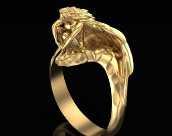 14KT guldpläterad änglavingering minimalistisk fjäderskyddsring skyddsängelsmycken för kvinnor sittande ängelring unik present till henne