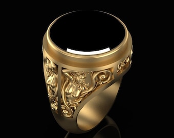 Anillo de sello de ónix en oro de 14 k sobre plata de ley: una joya única y llamativa