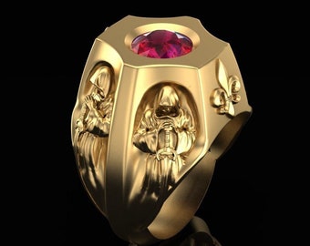 Anillo católico cristiano vintage de oro de 14 quilates con diseño rojo para hombre, joyería con manos en oración, anillo de rubí, anillo moderno para hombre, regalo para ella.