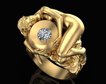 Anillo de ángel único con abrazo angelical, oro de 14 quilates, anillo de compromiso con ángel, joyería romántica para bodas, anillo único con ángel durmiendo, regalo de Navidad.