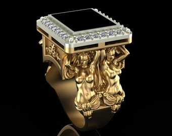 Anillo de oro de 14 quilates sobre ónix y diamantes para hombre. Lujoso anillo de sello con diamantes. Joyería israelí única. Regalo perfecto de aniversario para él. Regalo de Navidad.