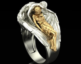 14KT Gold Over Angel Sleeping Ring Vintage Style Ring S925 Silver Unique Angel Ring Caring Angel Ring Perfect Valentines Day Gift for Women