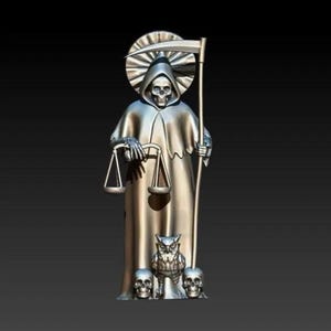 May include: A metallic statue of a robed figure with a skull face, holding scales and a scythe. The figure has a halo and stands with an owl and two skulls at its feet. The statue is a dark silver colour.