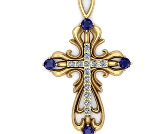 14KT Gold Over Sterling Silver Cross Pendant: Sapphire & Cubic Zirconia