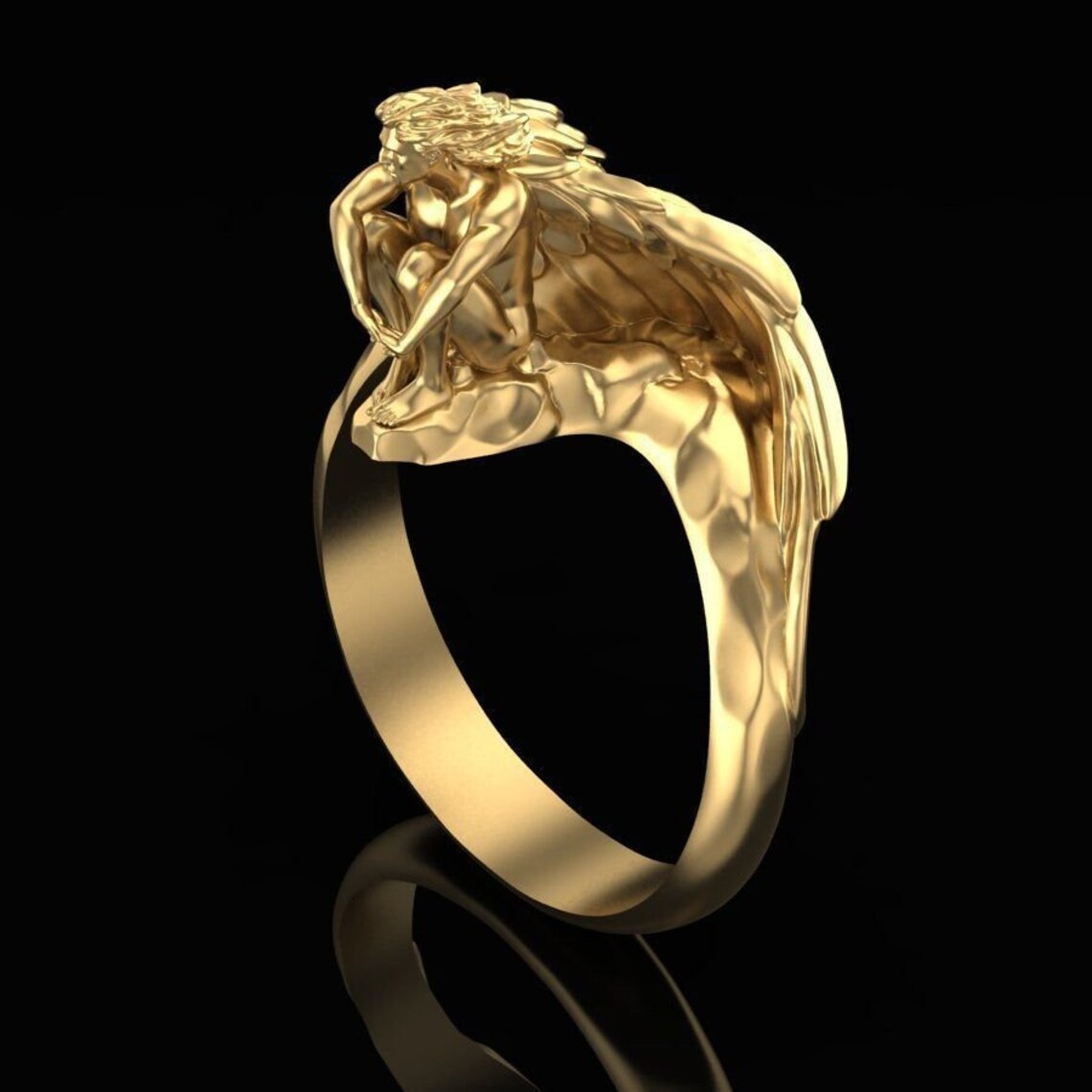 14KT Gold Plated Angel Wing Ring Minimalist Feather Protection Ring ...