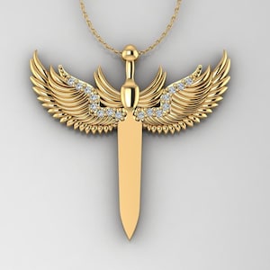 14KT Gold Plated Winged Sword Pendant For Men And Women Anniversary Gift For Him Long Winged Sword Pendant Fathers Day Gift Winged Pendant
