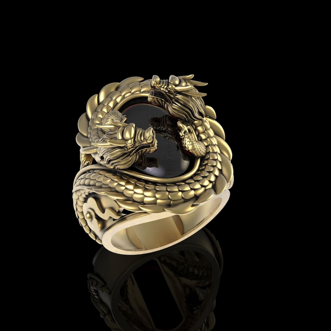 Two Dragon Rings 14kt Gold Over Dragon Ring Ruby Unique Dragon Ring Two Dragon Ring for ...