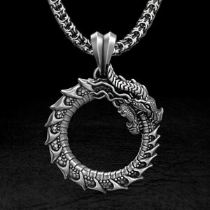May include: A silver pendant necklace featuring a detailed dragon design. The dragon is curled in a circle, forming a continuous loop. The pendant is attached to a silver chain.