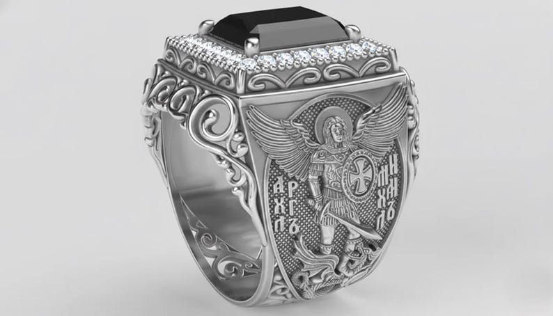 Anillo del Arcángel Miguel, regalo de aniversario, anillo con declaración de ángel de la guarda, regalo para el mejor amigo, anillo de guerrero, joyería religiosa, anillo de sello para él imagen 5