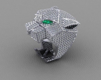 Tiger Leopard Head Ring Iced Out Big Cat Statement Ring with Green Eyes Luxury Hip Hop Animal Jewelry Bold Panther Style Ring Gift for Him
