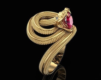 14KT Gold Over Snake Ring Snake Ruby in Teeth Ring Ruby Diamond Ring Snake Ring Gemstone Eyes Valentine's Day Gift for Her Christmas Gift