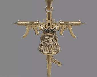 May include: Gold-colored pendant necklace featuring a cross design with two rifles forming the arms and a third rifle at the base. The center depicts a crowned face with long hair and a beard. The necklace chain is also gold.