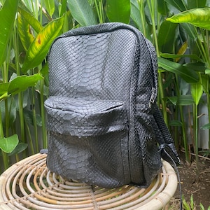 May include: A black leather backpack with a snakeskin pattern. The backpack has a zipper closure and a small pocket on the front.