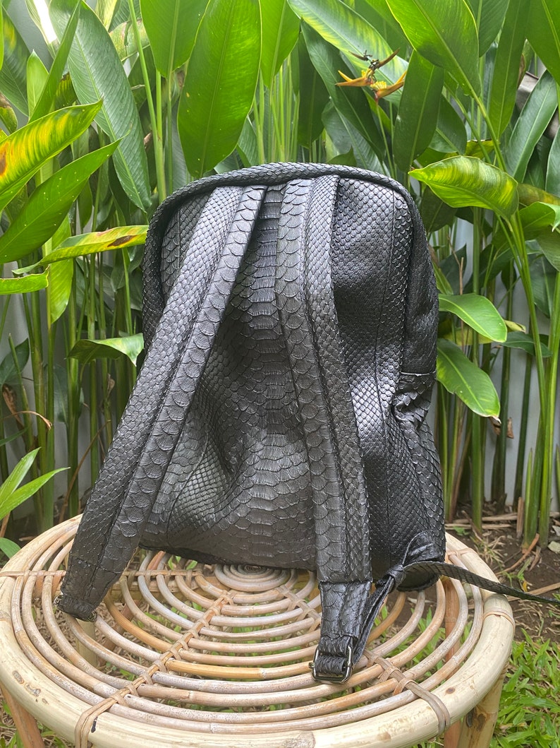 May include: Black leather backpack with a snakeskin pattern. The backpack has a zip closure and adjustable straps.