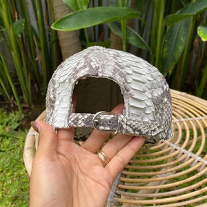 May include: A gray and white snakeskin baseball cap with a silver buckle closure.