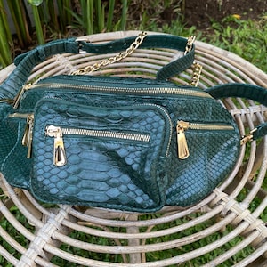 Peut inclure: Une banane en cuir de serpent vert avec des détails dorés et une bandoulière chaîne.