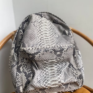 Può includere: Uno zaino in pelle di serpente grigio e nero con una tasca con cerniera sul davanti.