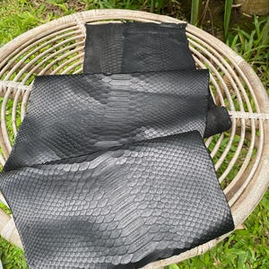 Może przedstawiać: Zbliżenie kilku kawałków czarnej skóry węża. Skóra ma teksturowany, łuskowaty wzór i jest ułożona na jasnym wiklinowym krześle. Tło przedstawia zielone liście.