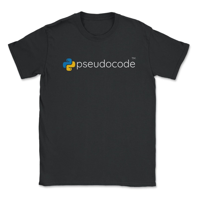 May include: Black t-shirt with a yellow and blue Python logo and the text "pseudocode" in white.