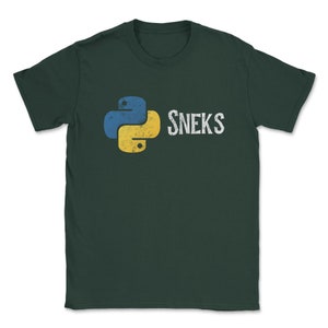 May include: A dark green t-shirt with a yellow and blue Python logo and the text "SNEKS" in white.