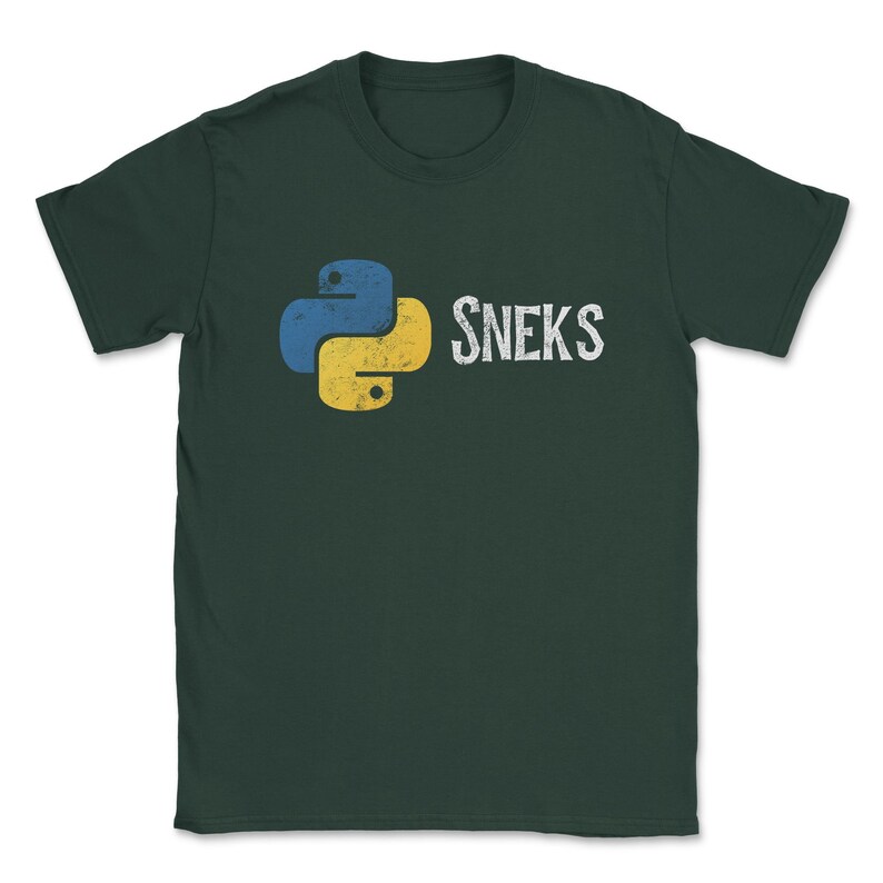 May include: A dark green t-shirt with a yellow and blue Python logo and the text "SNEKS" in white.