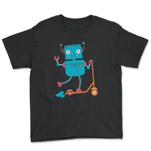 May include: A black t-shirt with a blue robot riding a scooter. The robot has a wrench in one hand and a happy face. The scooter is red and yellow.