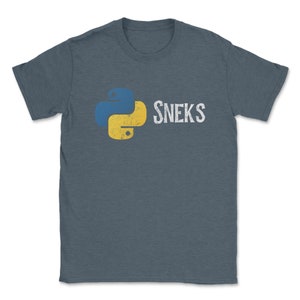 May include: A dark blue t-shirt with a vintage-style Python logo and the text "SNEKS" in white.