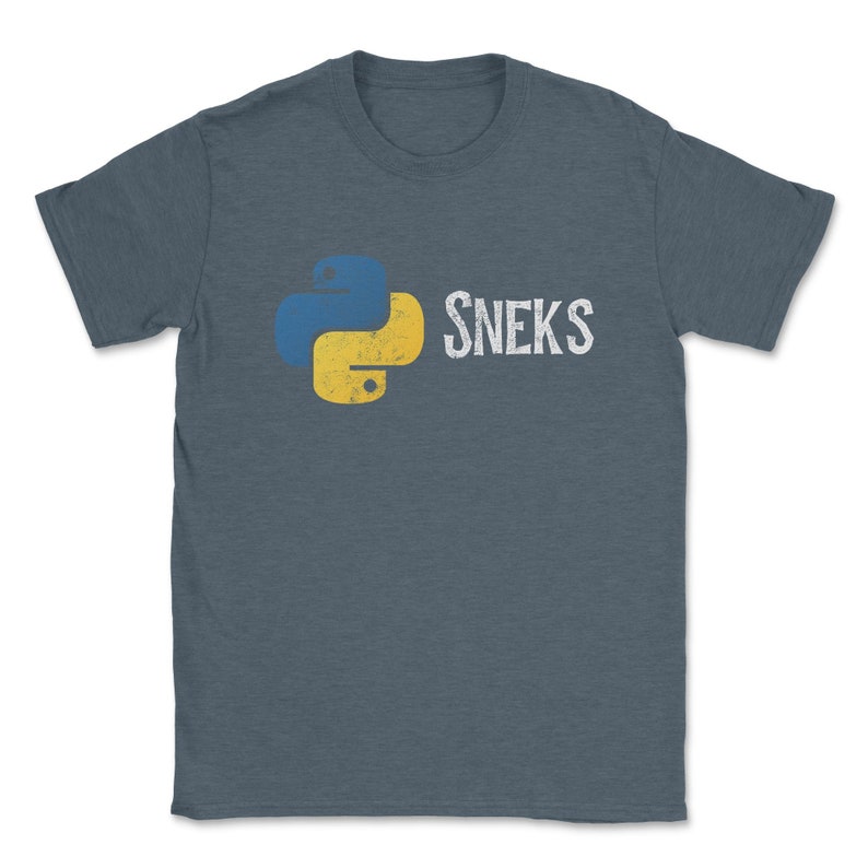 May include: A dark blue t-shirt with a vintage-style Python logo and the text "SNEKS" in white.