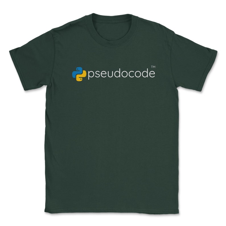 May include: A dark green t-shirt with a yellow and blue Python logo and the text "pseudocode" in white.