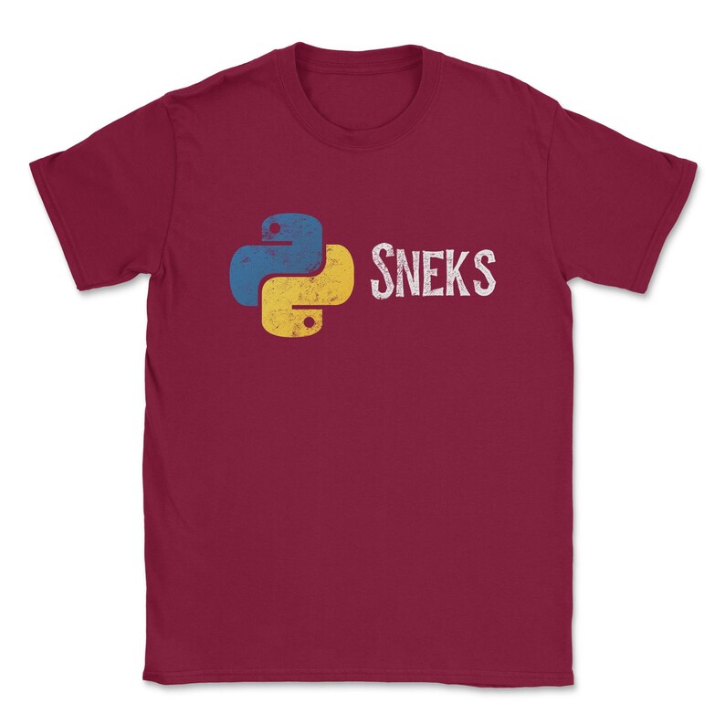 May include: A maroon t-shirt with a vintage-style Python logo and the text "SNEKS" printed on the front.