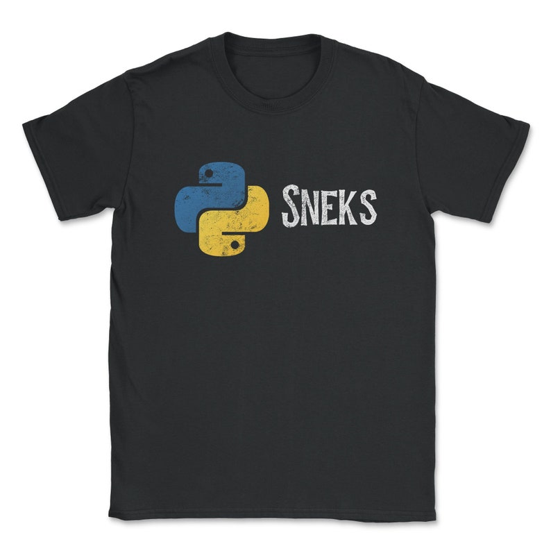 May include: Black t-shirt with a yellow and blue Python logo and the text "SNEKS" in white.