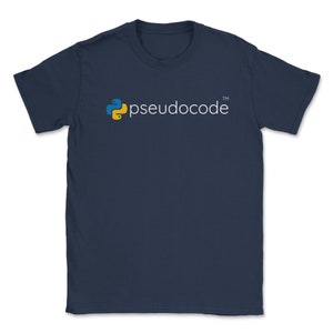 May include: A navy blue t-shirt with a white logo that says "pseudocode" and a yellow and blue Python logo.