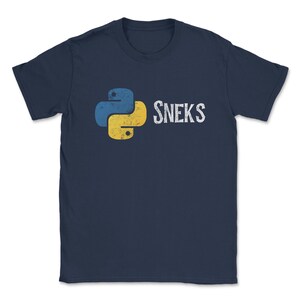 May include: A navy blue t-shirt with a yellow and blue Python logo and the text "SNEKS" printed on the front.